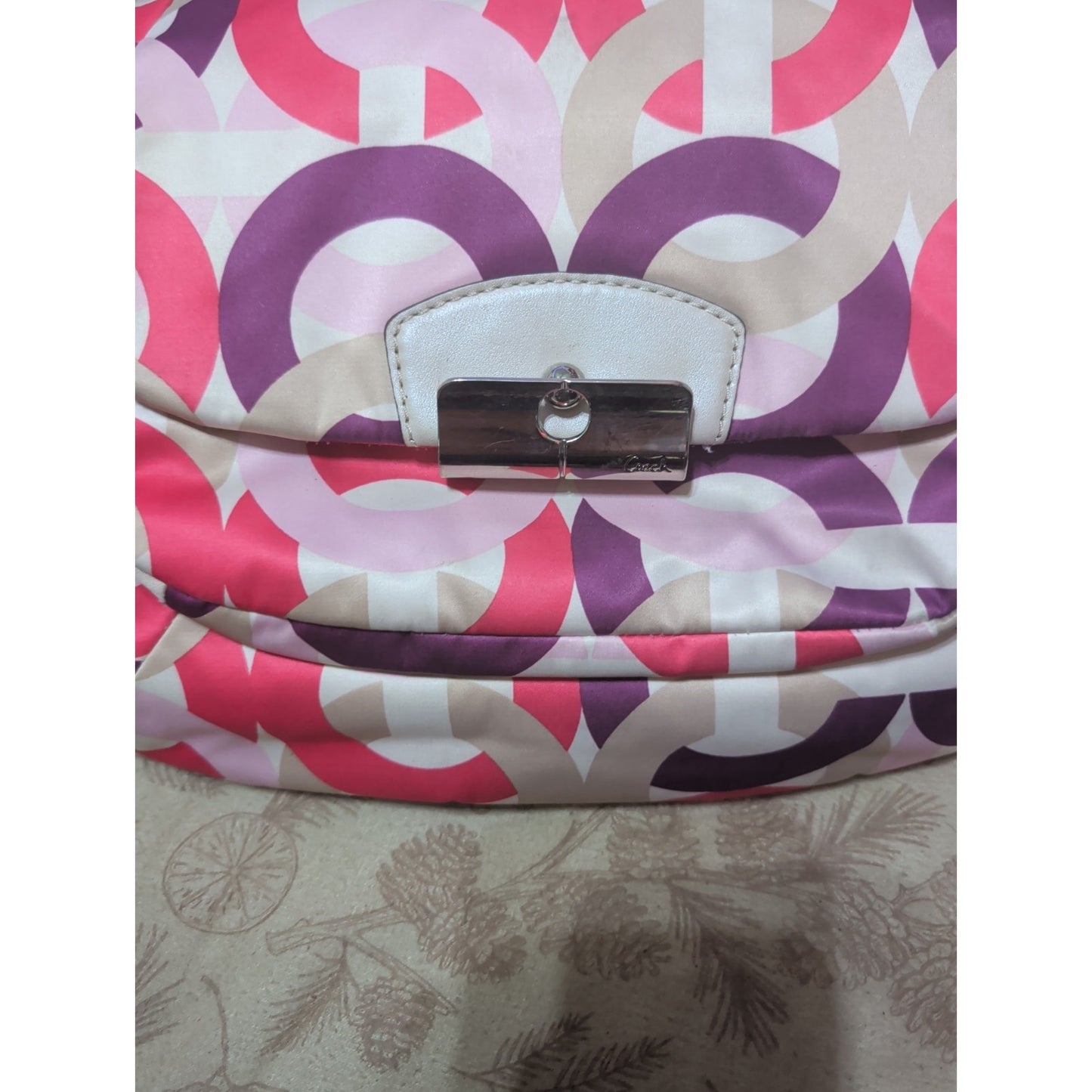 Coach Kristin Nylon Leather Satchel Shoulder Bag Silver Lift Lock Flap Pocket