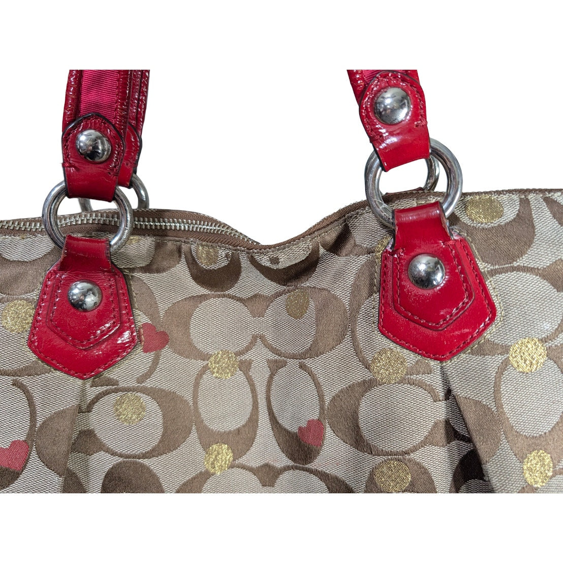 Coach Poppy Glam Shoulder Tote F16289 Khaki Signature Red Patent