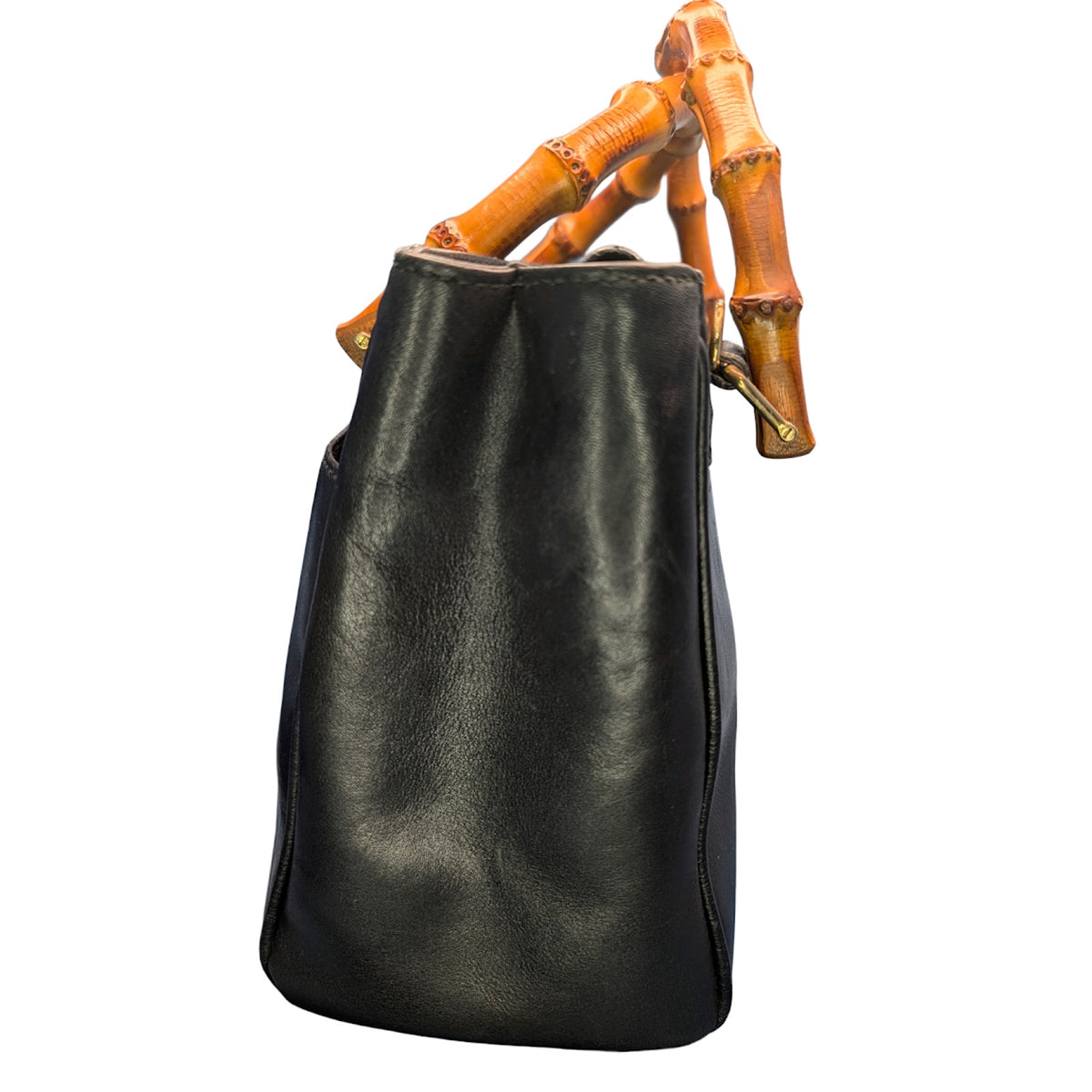 Gucci Vintage Black Leather Bamboo Handle Tote Italy VTG
