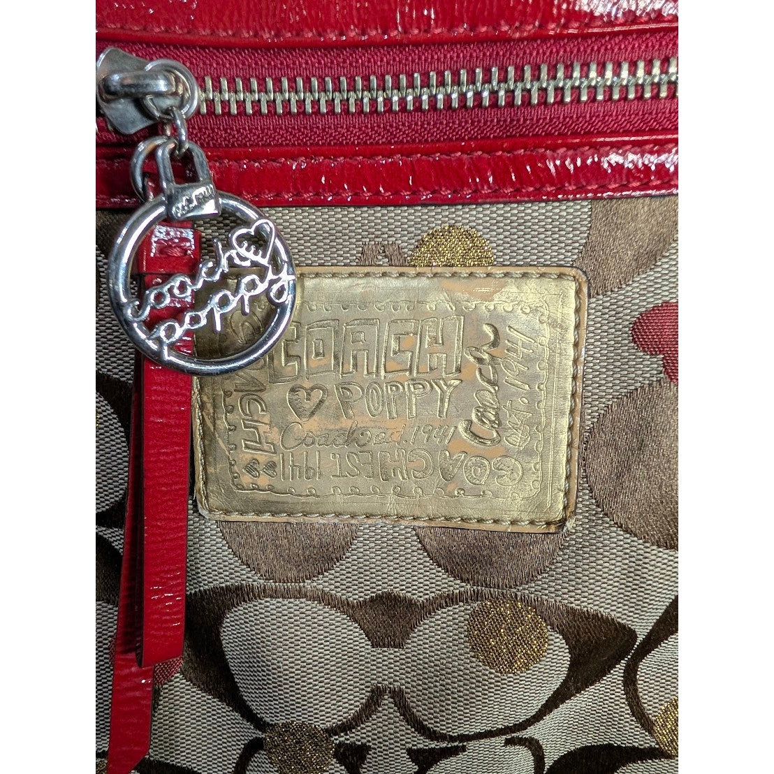 Coach Poppy Glam Shoulder Tote F16289 Khaki Signature Red Patent