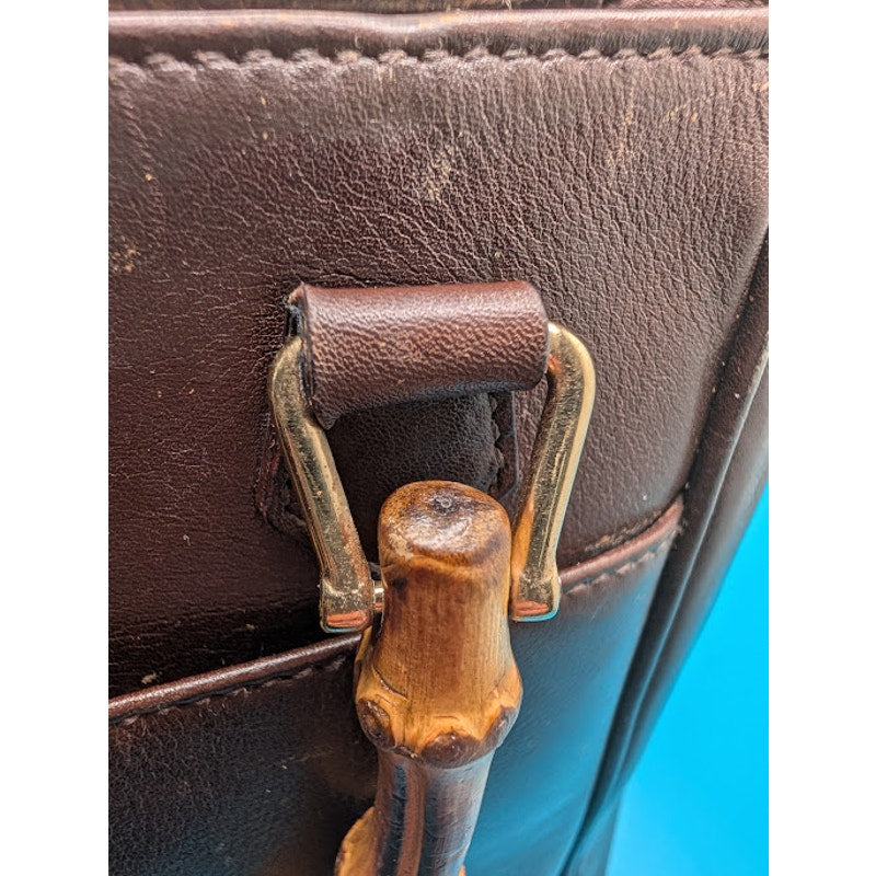 Gucci Bamboo Handle Leather Tote Brown VTG-Italy-Stabilized Interior- Exterior Spots visible
