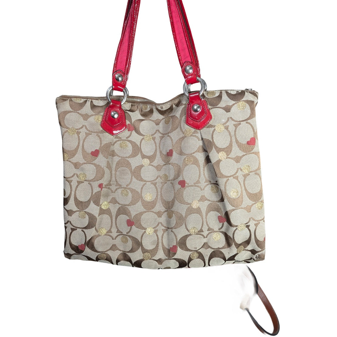 Coach Poppy Glam Shoulder Tote F16289 Khaki Signature Red Patent