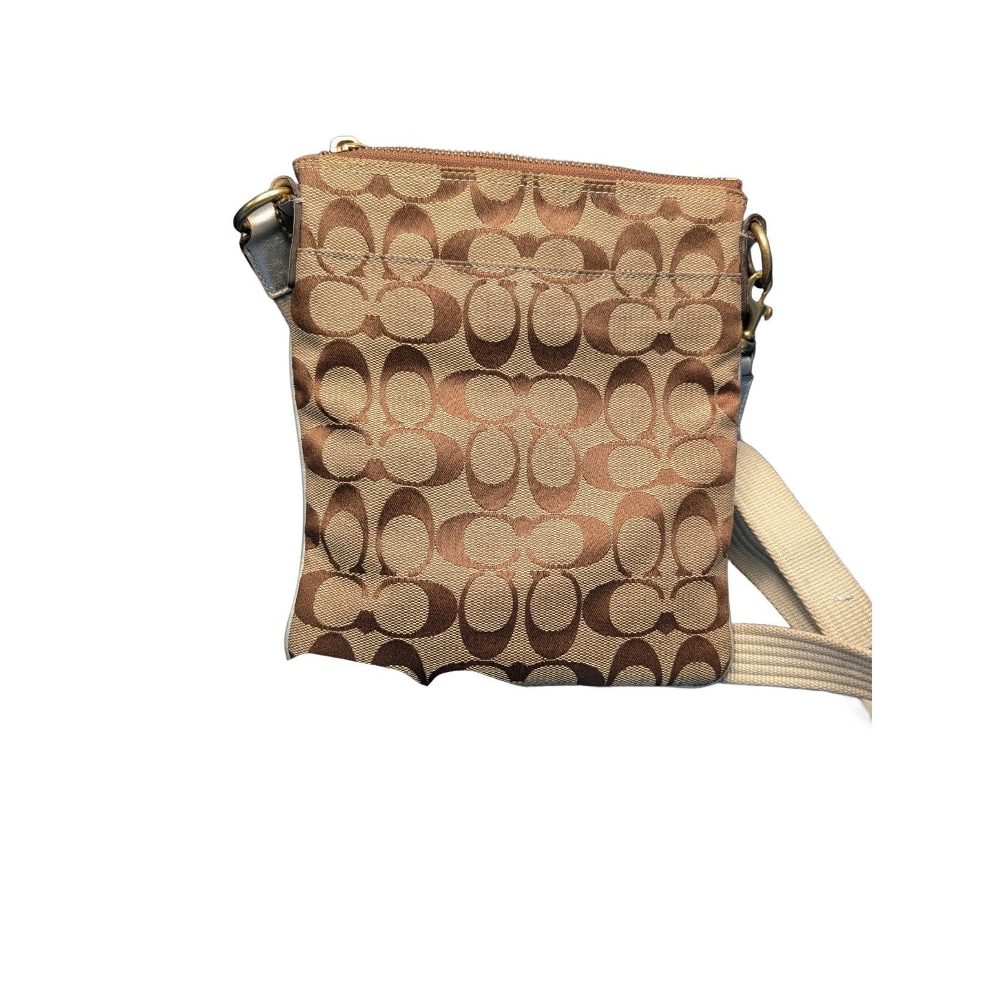 Coach Hamptons SlingPack Crossbody Brown "C" Canva Metallic Silver Leather Brass