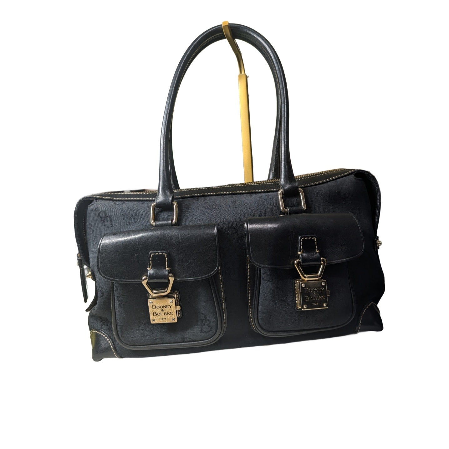 VTG Dooney& Bourke Black 2-Lock Pocket Satchel Nylon Leather & Golden