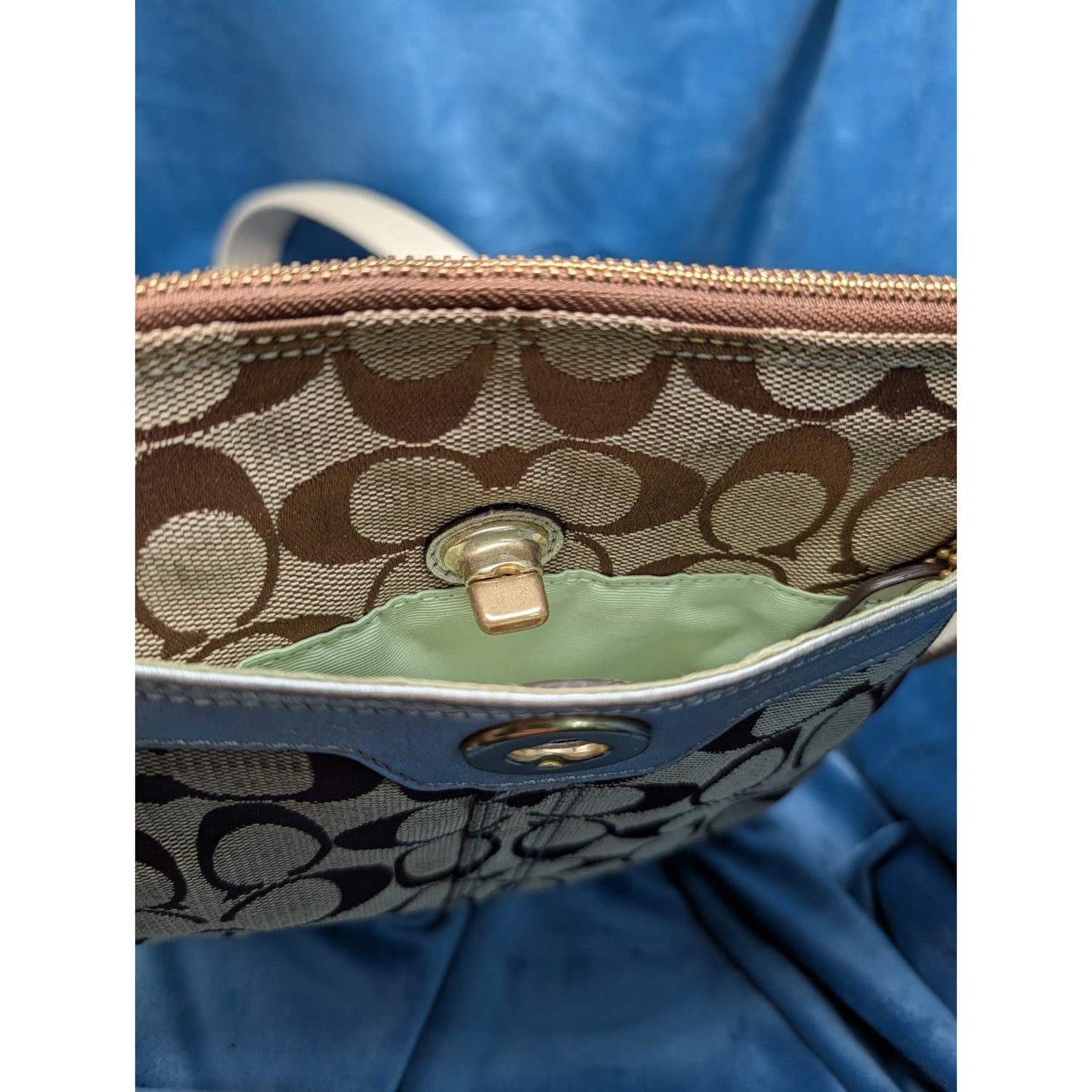 Coach Hamptons SlingPack Crossbody Brown "C" Canva Metallic Silver Leather Brass