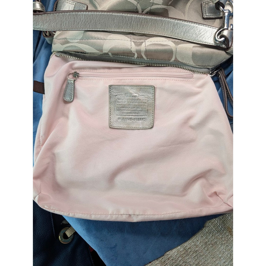 Coach Signature Sateen Convertible Duffle F18862 Silver Metallic Crossbody