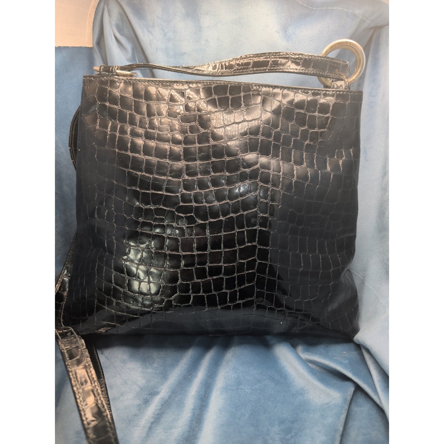 Paloma Picasso Black Embossed Alligator-Style Patent Leather Shoulder Bag