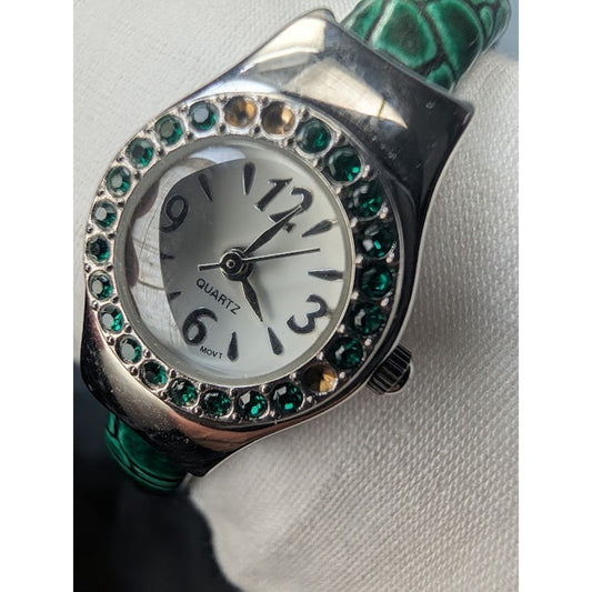 Ladies Watch Green Embossed Vinyl Bangel Quartz Japanese Movement-Keeps Time
