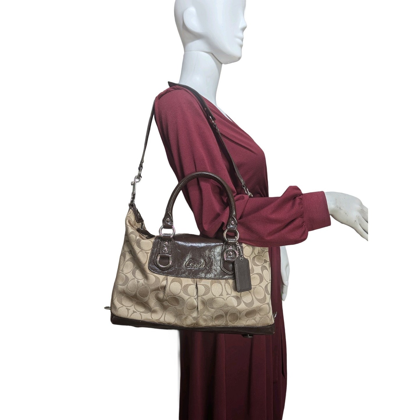 Coach Ashley Signature Satchel - Khaki Canvas Brown Leather