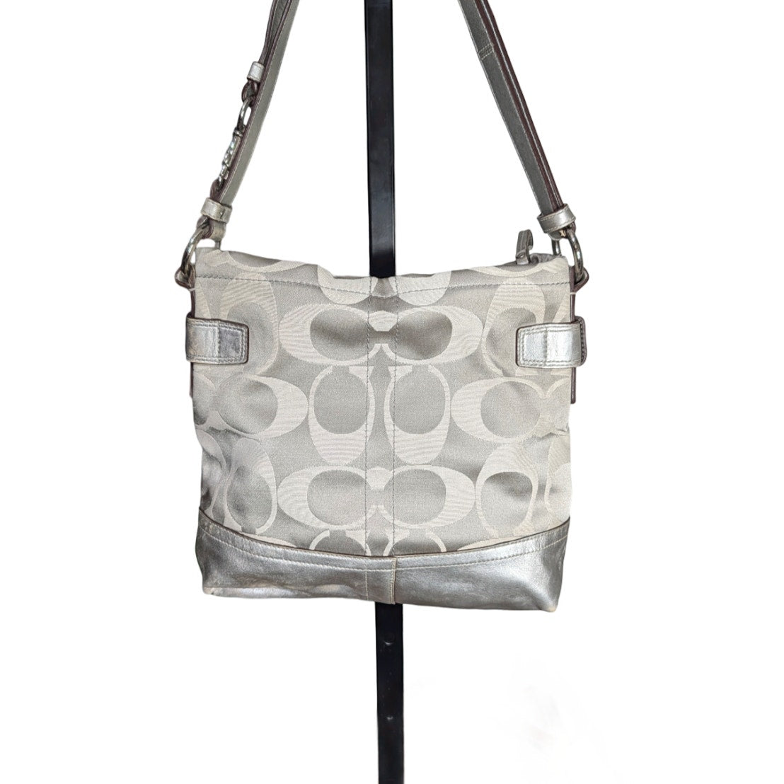 Coach Signature Sateen Convertible Duffle F18862 Silver Metallic Crossbody