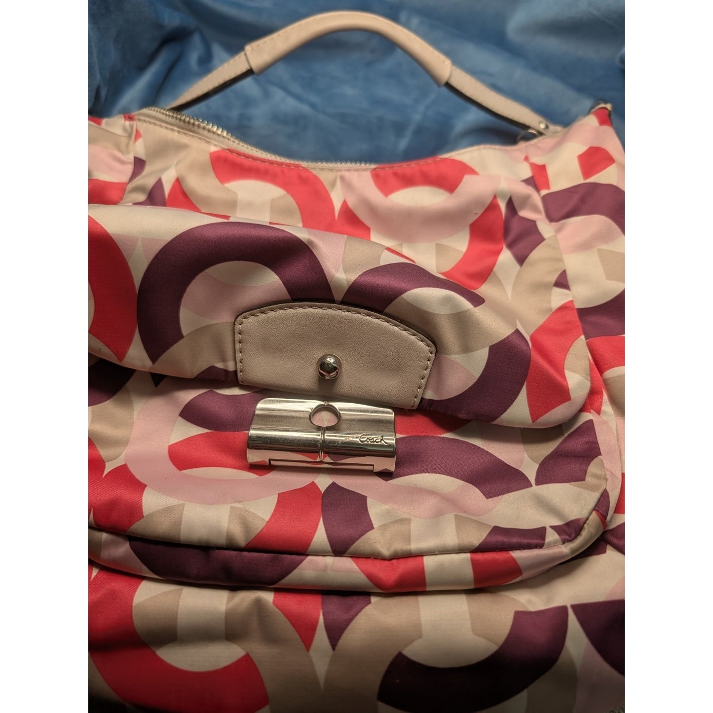 Coach Kristin Nylon Leather Satchel Shoulder Bag Silver Lift Lock Flap Pocket