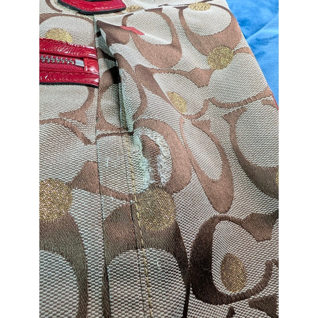 Coach Poppy Glam Shoulder Tote F16289 Khaki Signature Red Patent