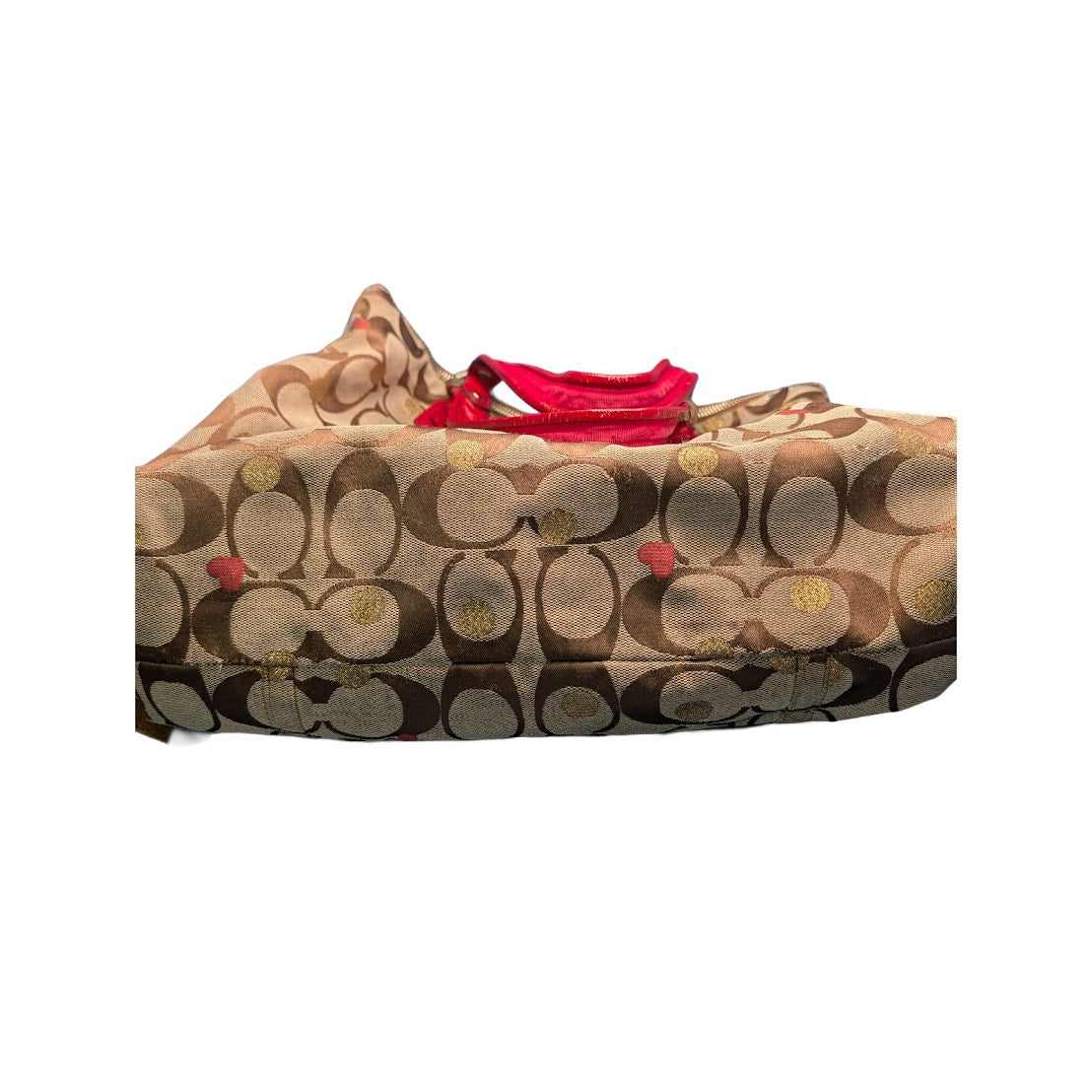 Coach Poppy Glam Shoulder Tote F16289 Khaki Signature Red Patent