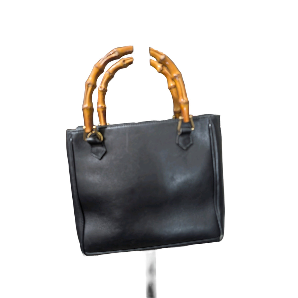 Gucci Vintage Black Leather Bamboo Handle Tote Italy VTG