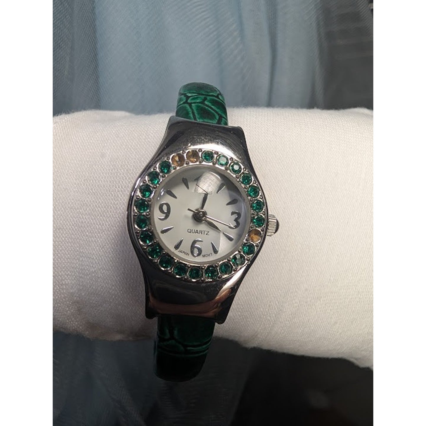 Ladies Watch Green Embossed Vinyl Bangel Quartz Japanese Movement-Keeps Time