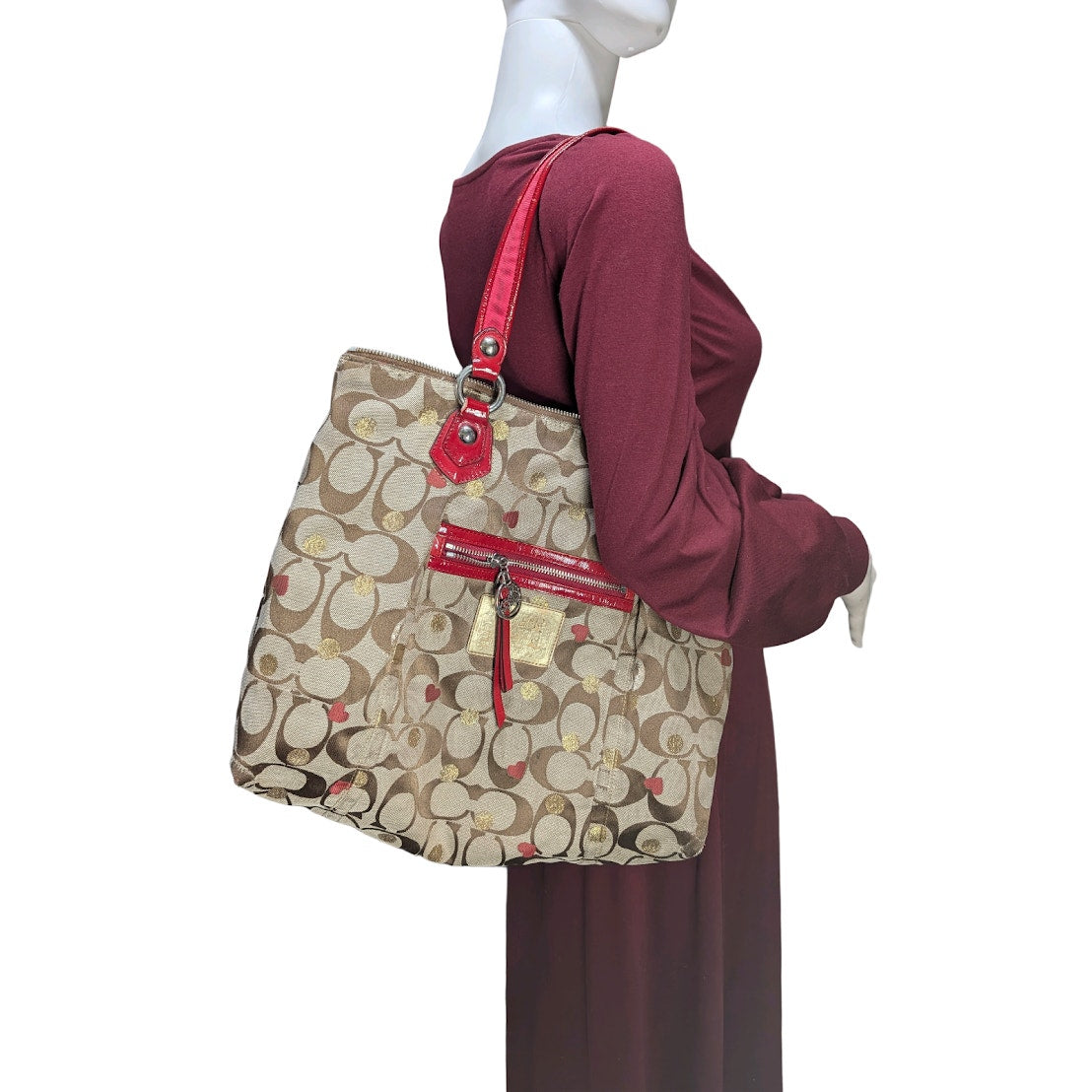 Coach Poppy Glam Shoulder Tote F16289 Khaki Signature Red Patent