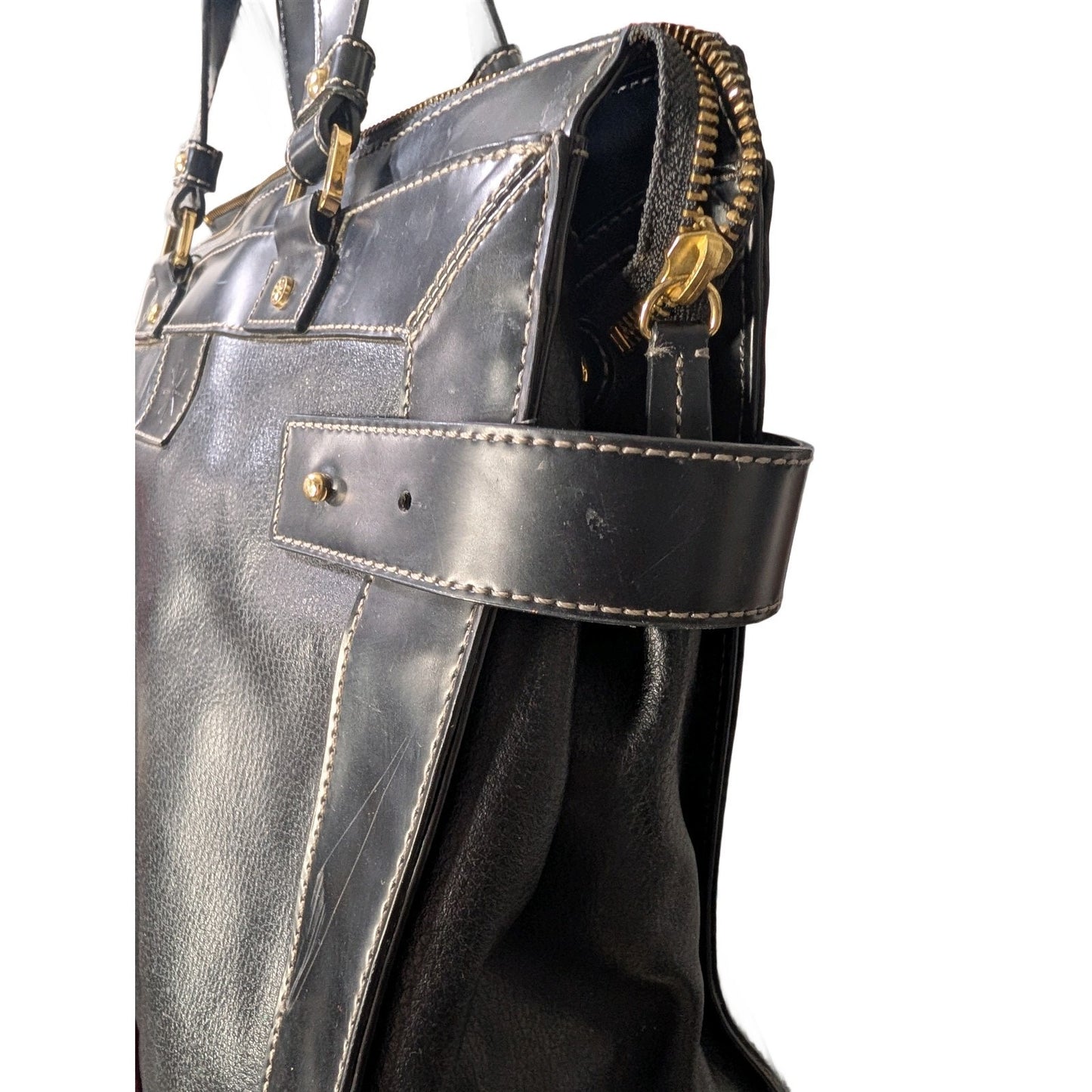 Isaac Mizrahi Live! Black Leather Top Handle Satchel-Trim PU