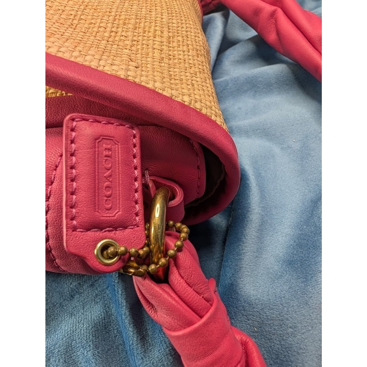 Coach Parker Straw Shoulder Bag Pink Leather Kiss Lock Summer Time Gold Tone