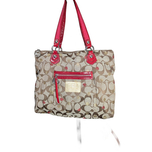 Coach Poppy Glam Shoulder Tote F16289 Khaki Signature Red Patent