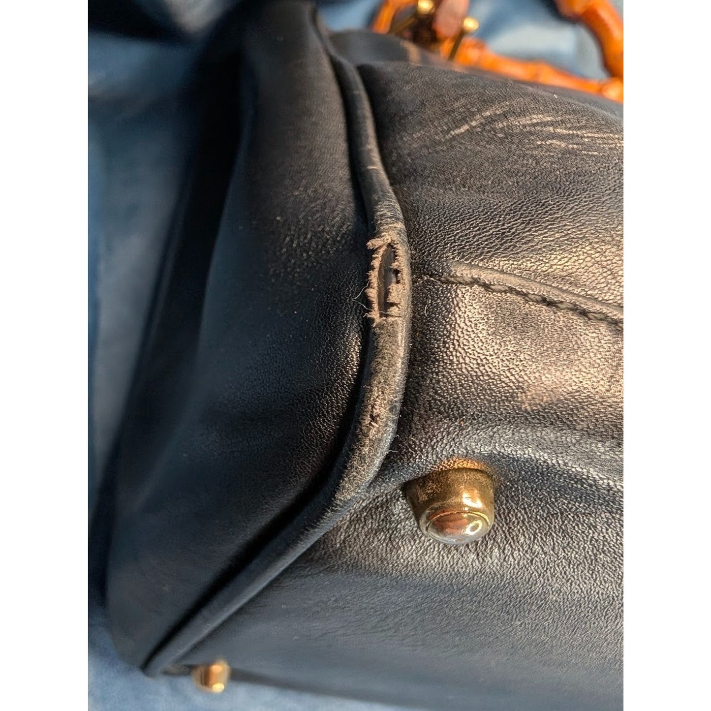 Gucci Vintage Black Leather Bamboo Handle Tote Italy VTG