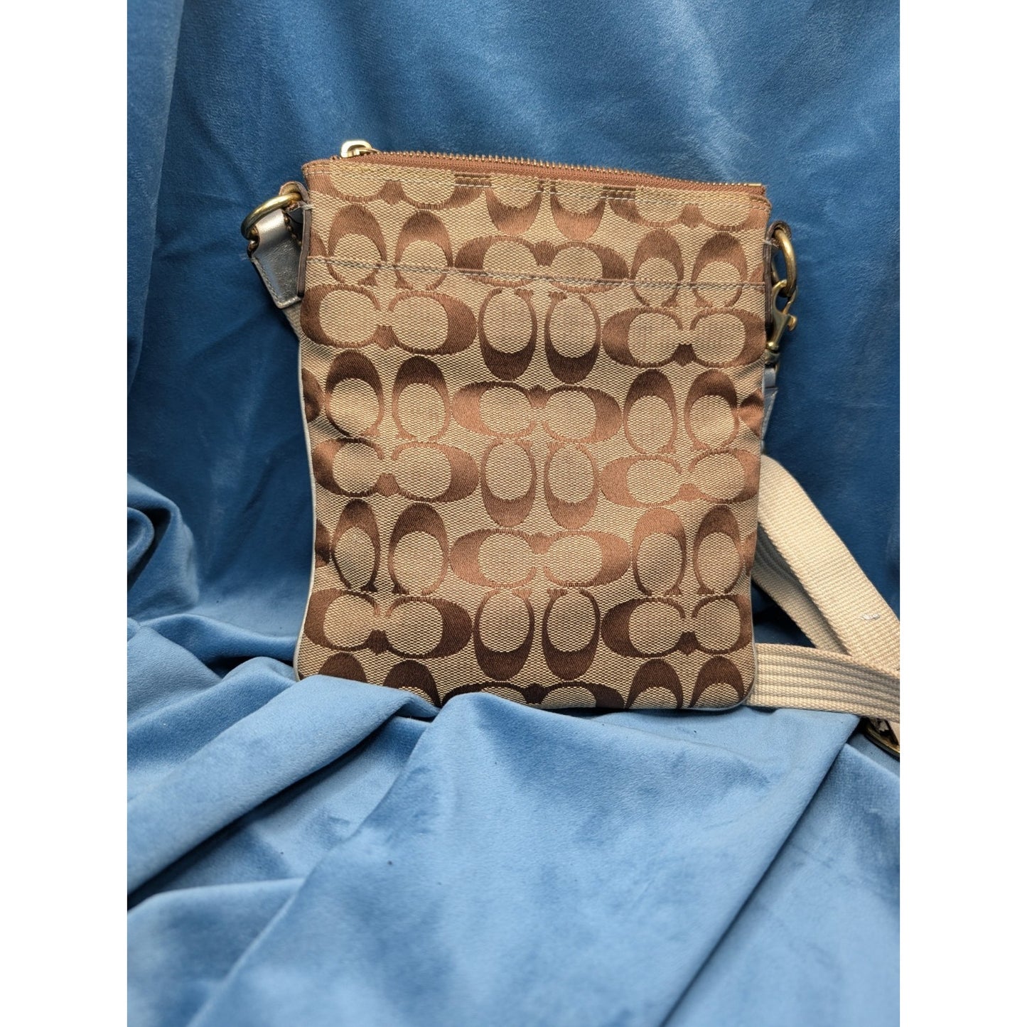 Coach Hamptons SlingPack Crossbody Brown "C" Canva Metallic Silver Leather Brass