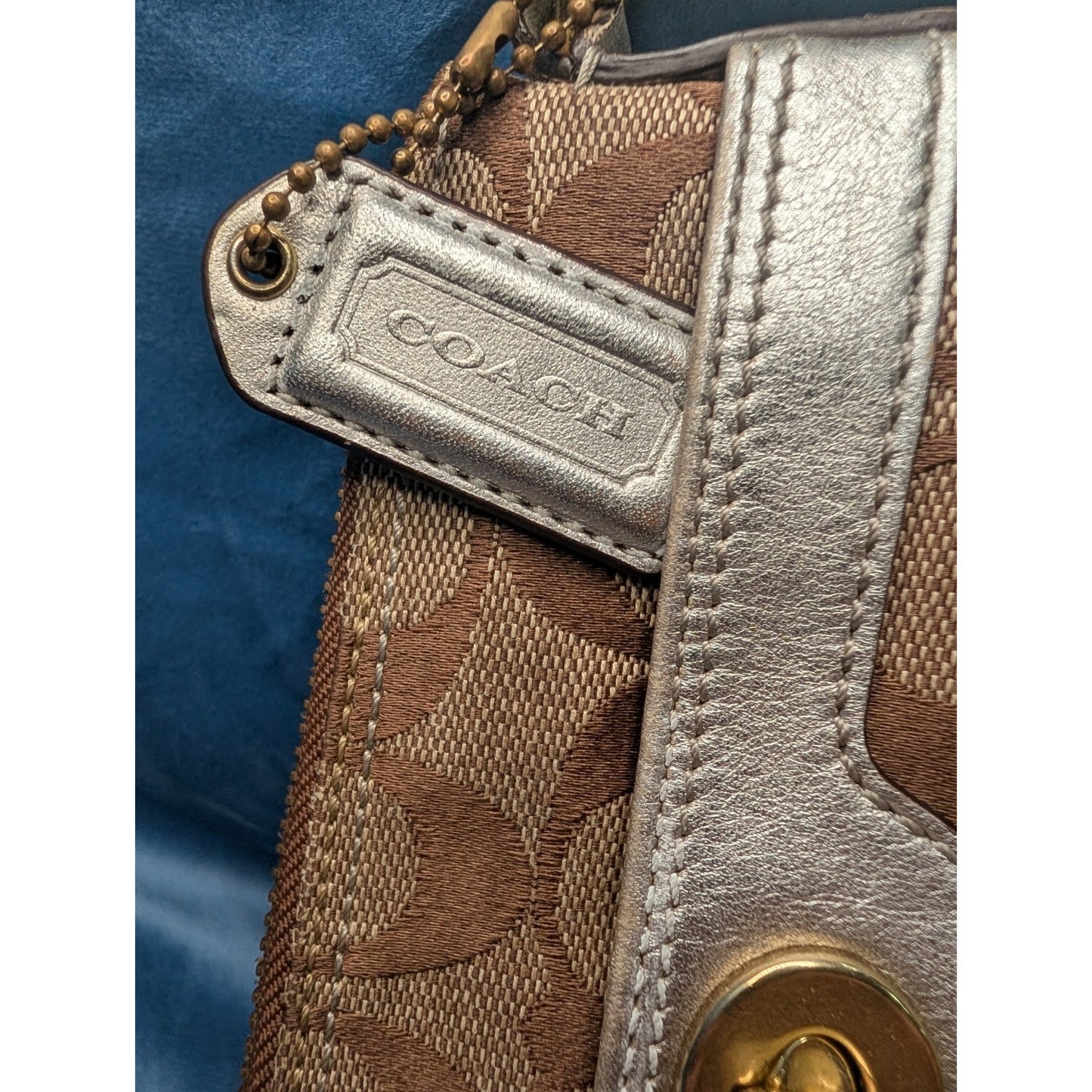 Coach Hamptons SlingPack Crossbody Brown "C" Canva Metallic Silver Leather Brass