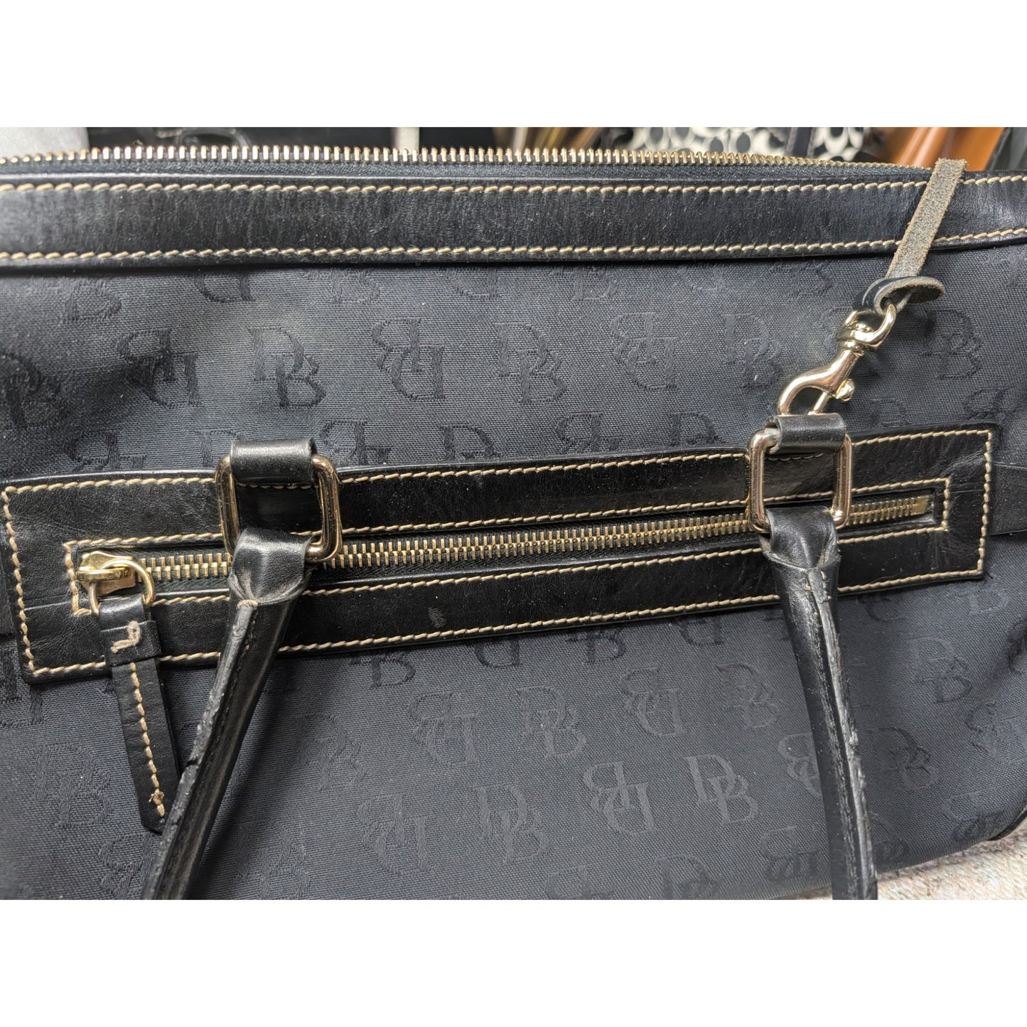 VTG Dooney& Bourke Black 2-Lock Pocket Satchel Nylon Leather & Golden