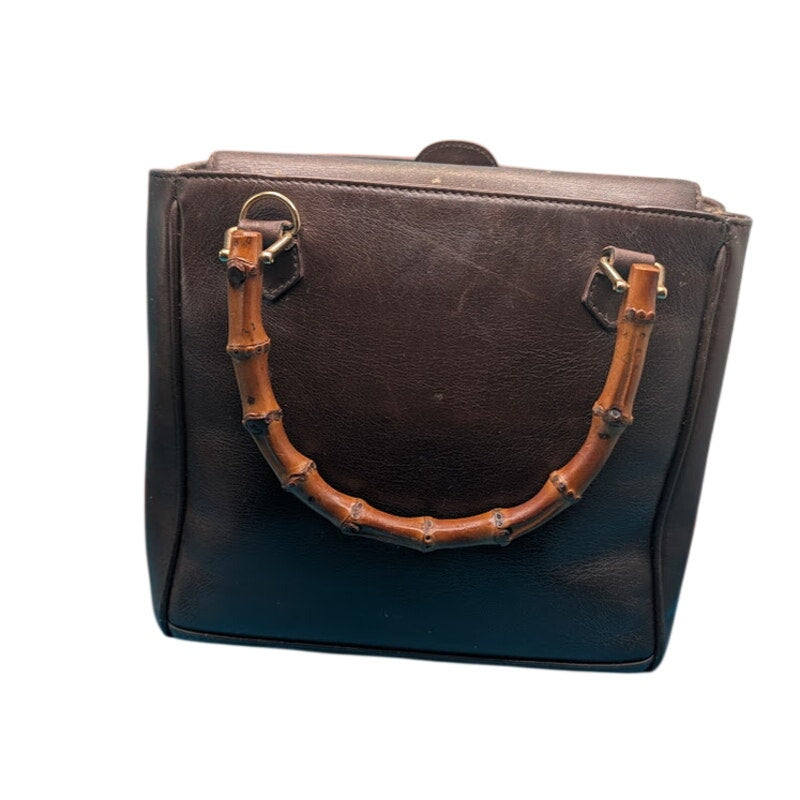 Gucci Bamboo Handle Leather Tote Brown VTG-Italy-Stabilized Interior- Exterior Spots visible