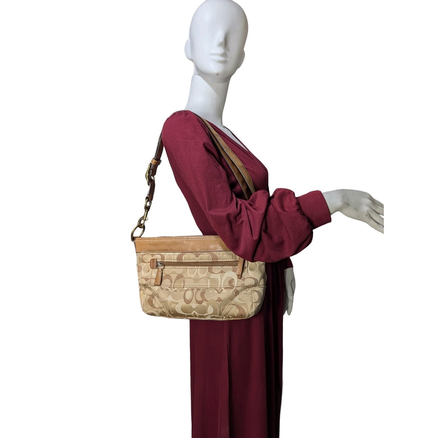 COACH F10379 Shoulder Bag Beige Canvas Leather Adjustable Strap 2 Way Y2K