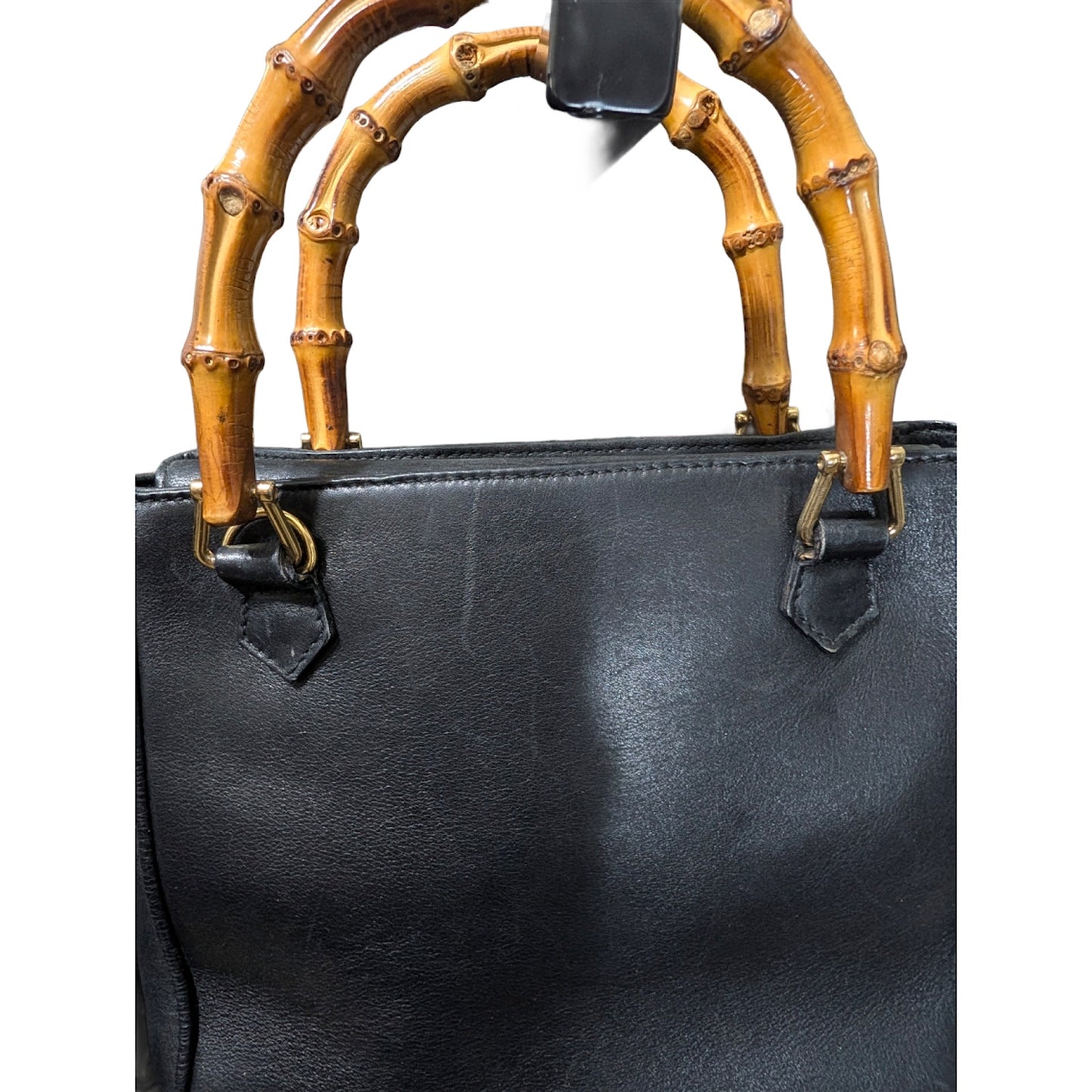 Gucci Vintage Black Leather Bamboo Handle Tote Italy VTG